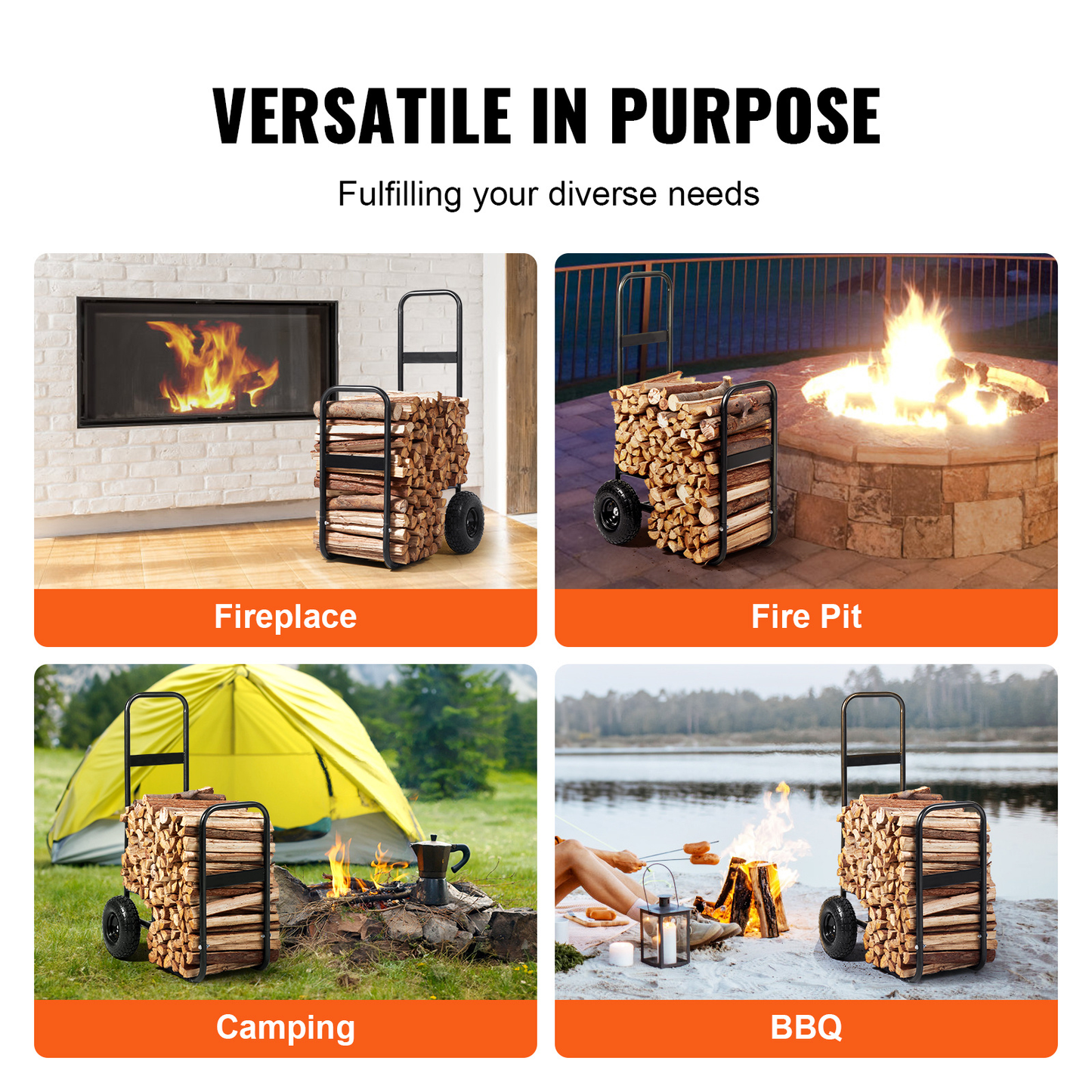 Firewood Log Cart, Carbon Steel Wood Carrier with Pneumatic Rubber Wheels for Garden, Patio and Yard Use