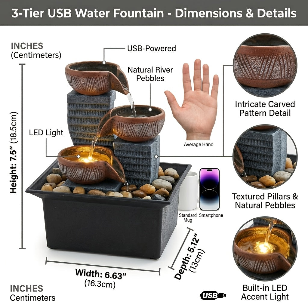 Tabletop Water Fountain Indoor, 4-Level Desktop Waterfall with LED Lights & Natural River Stones
