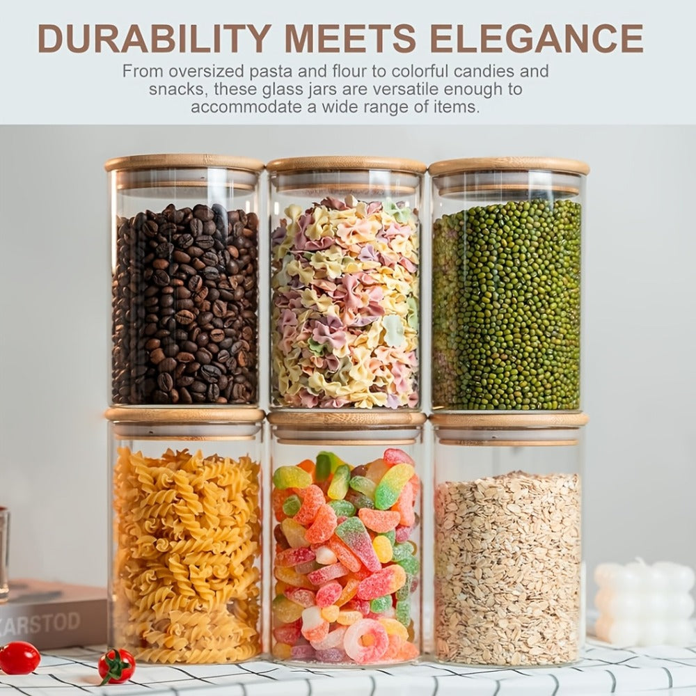 Food Storage Containers Six-Piece 32 oz Glass Jar Set with Bamboo Lids, Labels and Pen for Pantry Storage