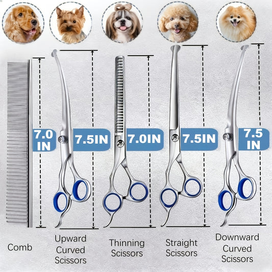 Dog Grooming Scissors Set 7-in-1 Professional Ceramic Coated Stainless Steel Safety Round Tip Straight Thinning Curved Scissors Comb Kit