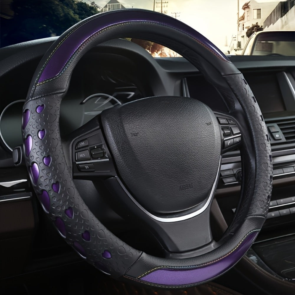 Steering Wheel Cover Faux Leather Heart Pattern – Non-Slip Wear-Resistant Anti-Aging All-Season Car Interior Accessory, Sports Style