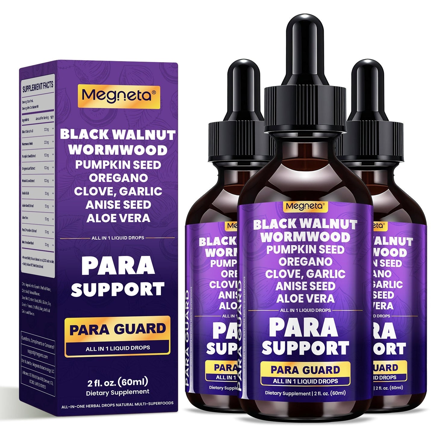 Herbal Supplements with Megneta Label, Black Walnut Clove Garlic Turmeric Pumpkin Seed Oregano Drops