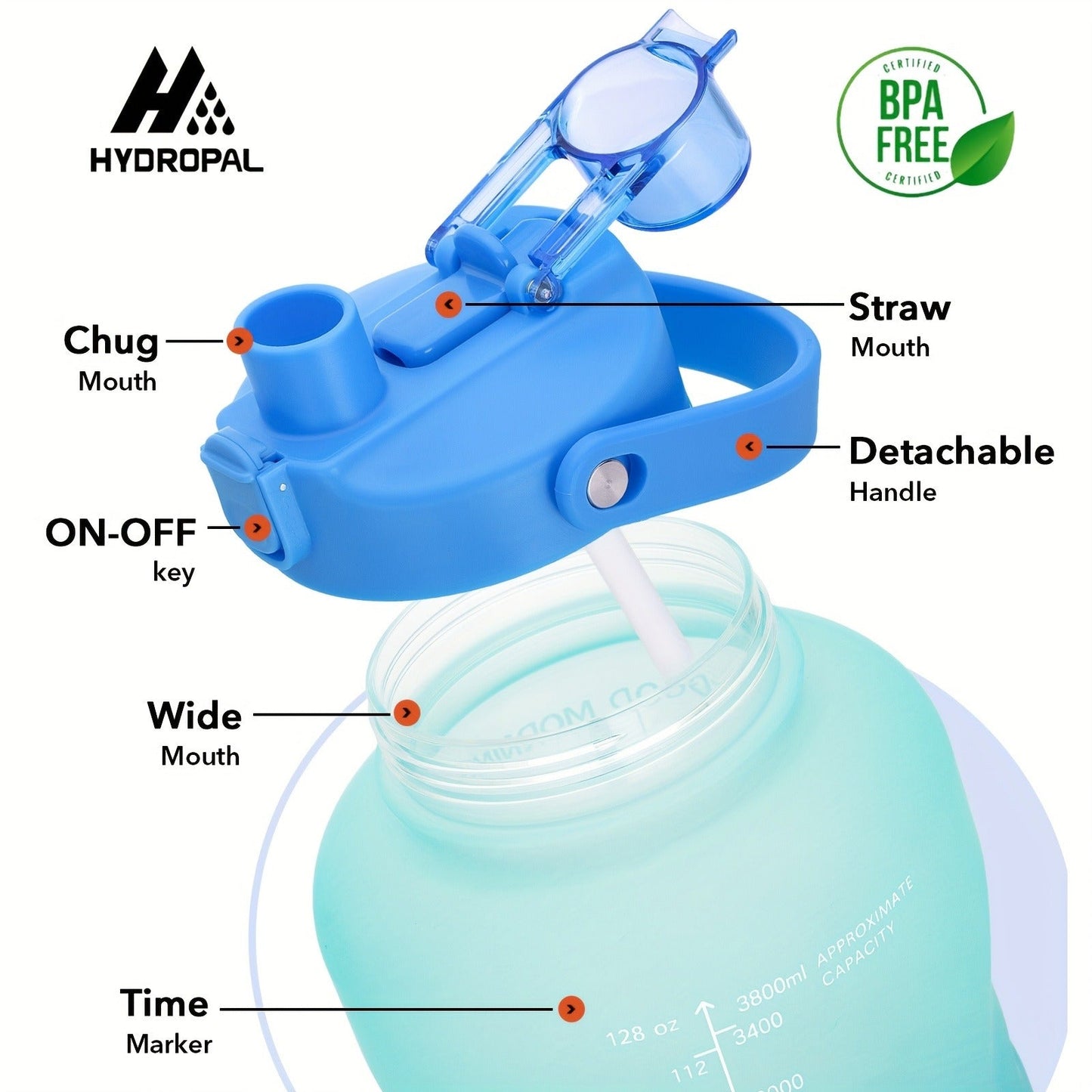 128oz Water Bottle Jug with Time Markers, Handled Flip-Top Straw Lid and Seven Color Treatments