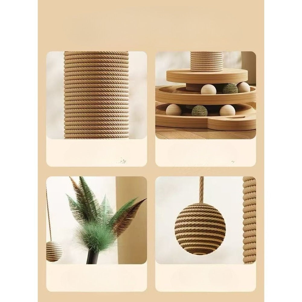 Sisal Cat Scratching Post with Hanging Ball & Turntable Interactive Toy 18.1 Inch – Sturdy Non-Slip Base Suction Cup Bottom for Kittens