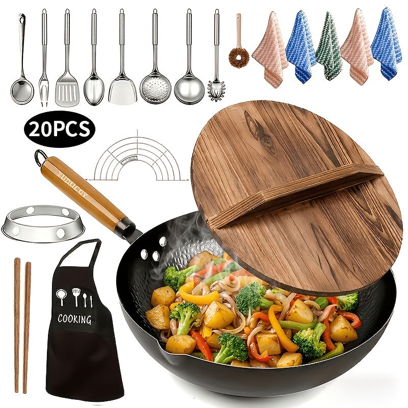 Carbon Steel Wok Set with Lid and 14-Piece Accessory Kit, 12.6 Inch Stir-Fry Pan with Spatula, Brush, Ring and Utensils
