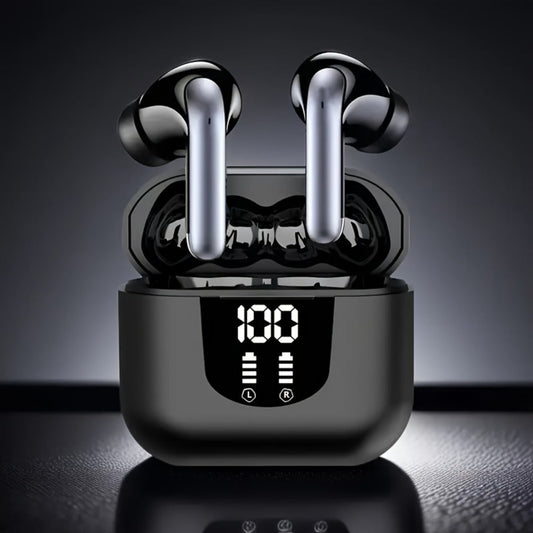 Bass Stereo Wireless Earphones Bluetooth 5.4, Playtime In-Ear Earbuds with Noise Cancelling Mic & LED Display