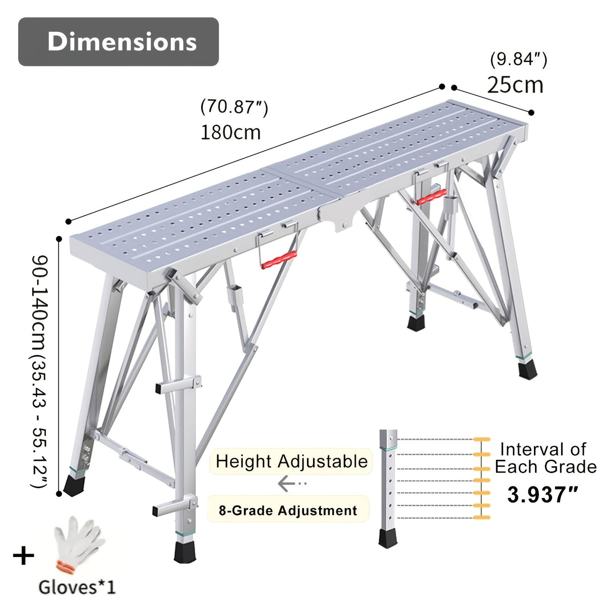 Adjustable Folding Scaffolding Work Platform, Portable Drywall Bench Step Ladder with Anti-Slip Feet & Safety Lock