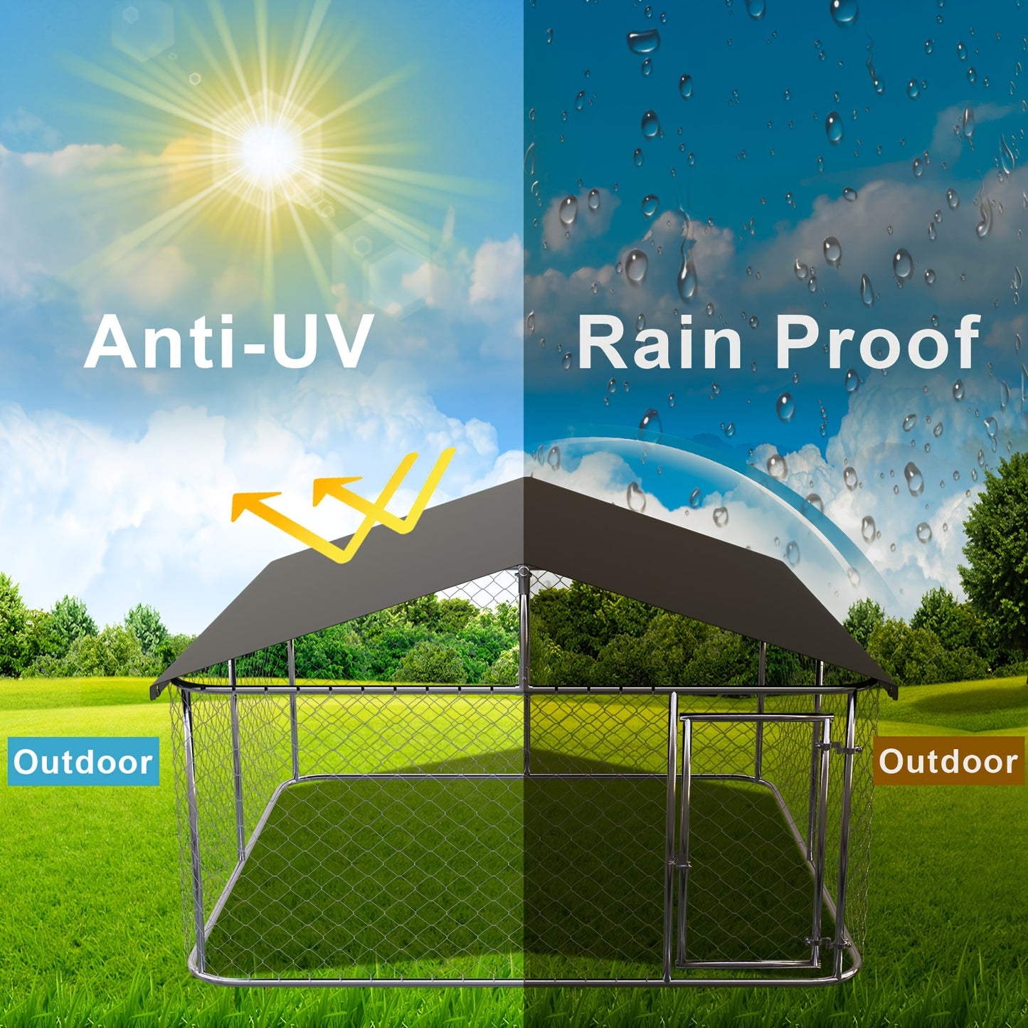 Outdoor Dog Kennel Enclosure Heavy Duty – Galvanized Steel Wire Mesh Dog Cage with Rain & UV-Proof Roof Cover, Secure Lock & Ground Nails