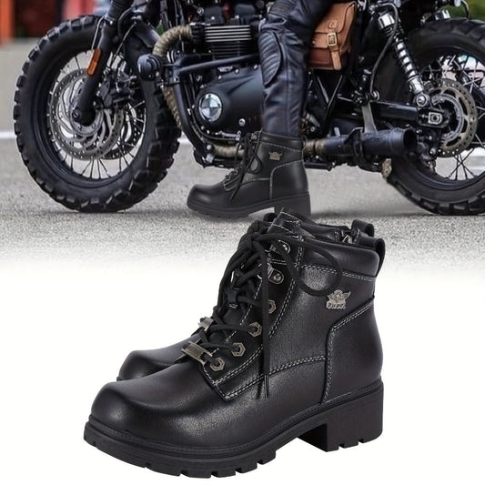 Women's Motorcycle Riding Boots, Low Heel Lace-Up Ankle Booties with Side Zipper, Non-Slip Rubber Sole Biker Combat Boots in Black Faux