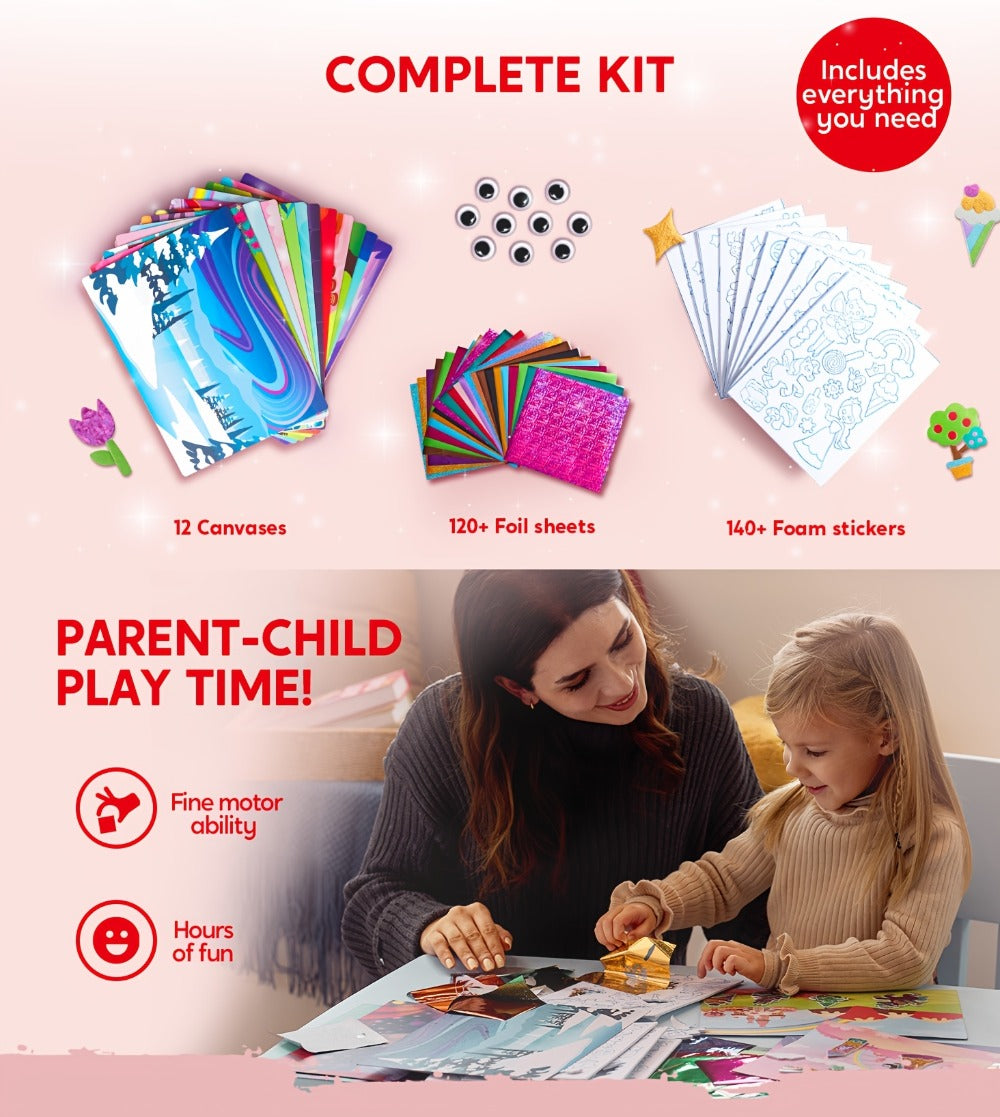 Foil Art Kit for Girls 10 Canvases 120 Colorful Foil Sheets 140+ Foam Stickers, Mess-Free Glue-Free Unicorn Princess Fairy Craft