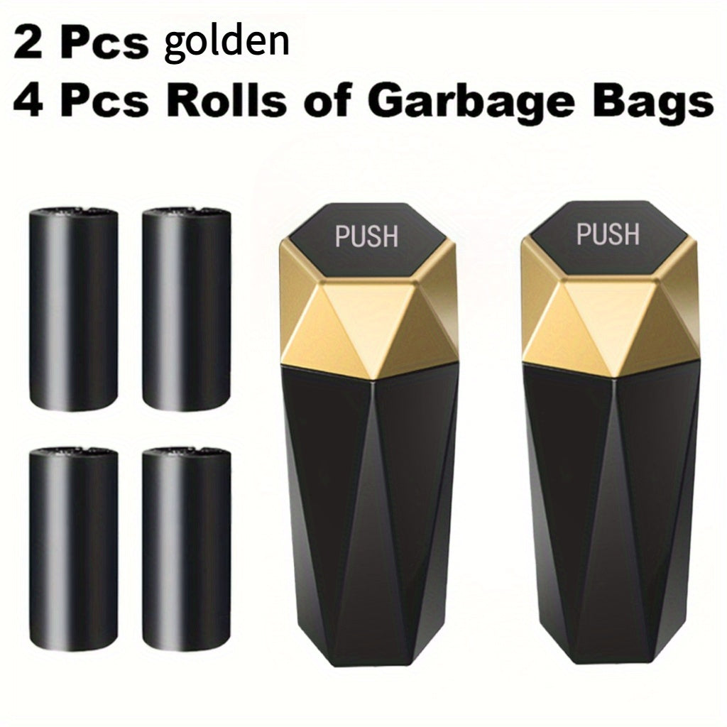 Diamond-Pattern Mini Car Trash Can Pair with Four Bag Rolls, Push Lids and Four Color Choices