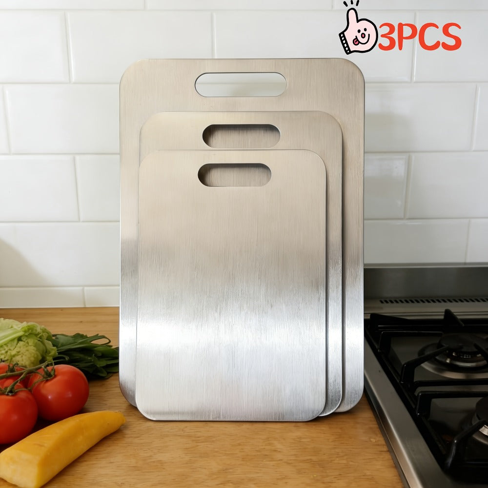 Three-Piece Stainless-Steel-Labeled Cutting Board Set with Rounded Corners, Handles and Graduated Sizes