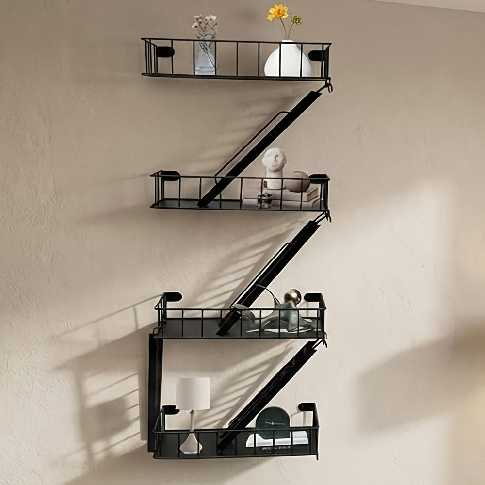 Staircase Wall Shelf with Three- or Four-Level Structures across Four Wrought-Iron Checkout Options