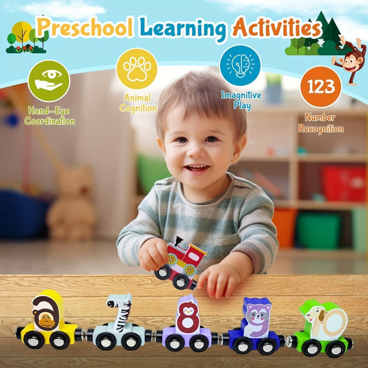 Magnetic Wooden Animal Train Set 12pcs with Storage Bag, Number & Animal Learning Toy for Toddlers Ages 1 2 3
