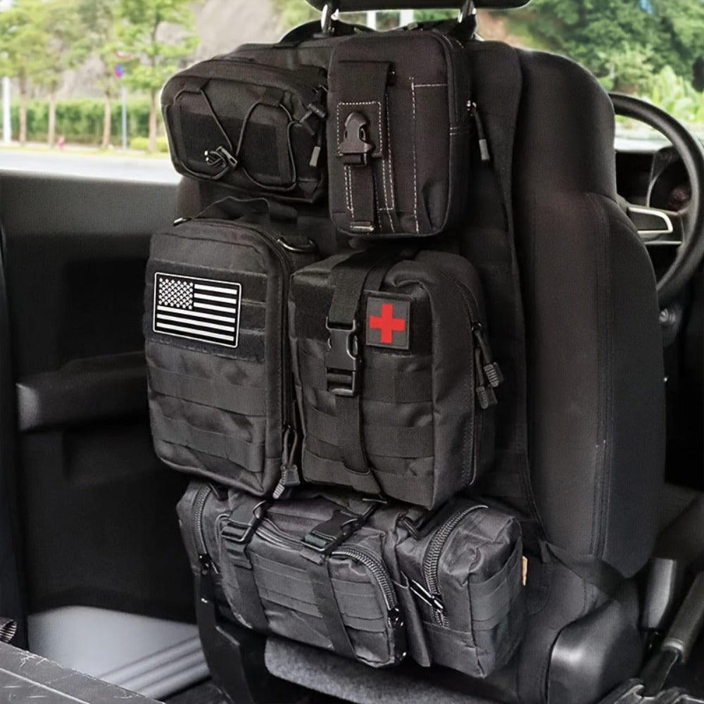 Black MOLLE-Style Seatback Car Organizer Panel with Five Detachable Pouches and Six Keychains