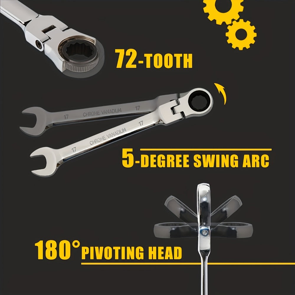 CR-V Flex Head Ratchet Wrench Set 5-Piece – 2-in-1 Reversible Open End & Hex Socket Dual-Purpose Kit | Automotive Engine Bay, Plumbing