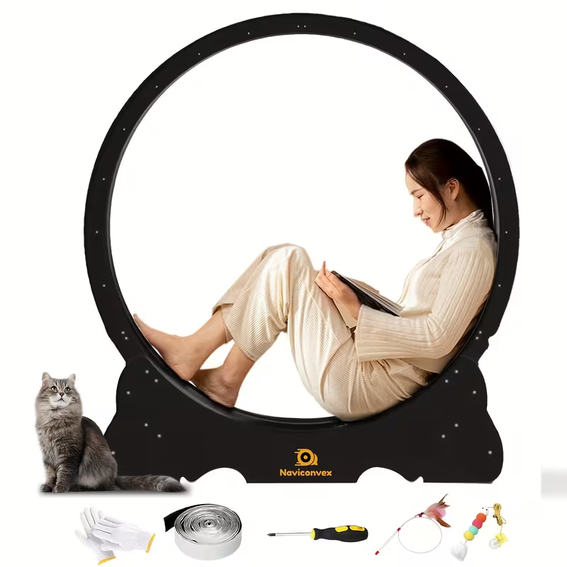 Cat Exercise Wheel 45-Inch XL Silent Running Wheel – Large Wooden Indoor Cat Treadmill with Carpeted Runway for Active Cats