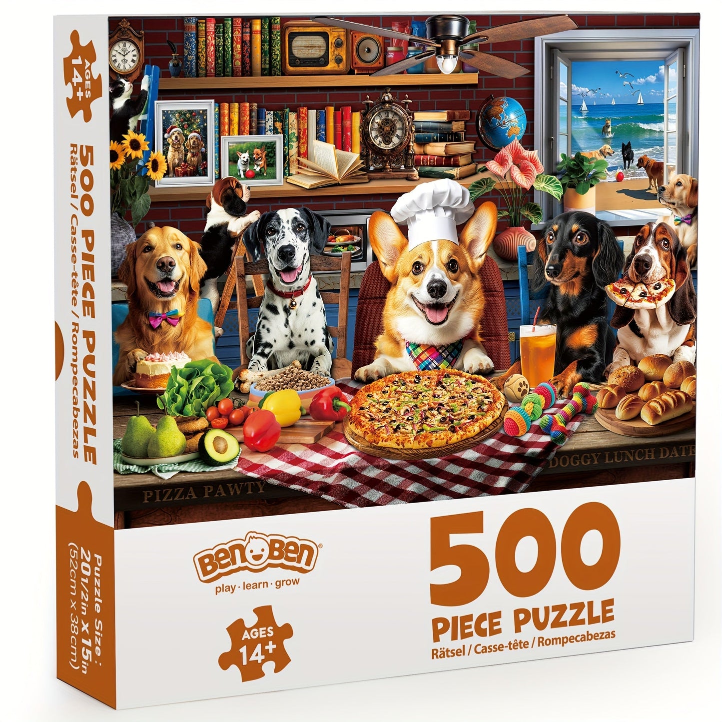Dogs Dinner Party Jigsaw Puzzle 500 & 1000 Pieces for Adults – Funny Dog Art Puzzle with Letters on Back & Reference Poster