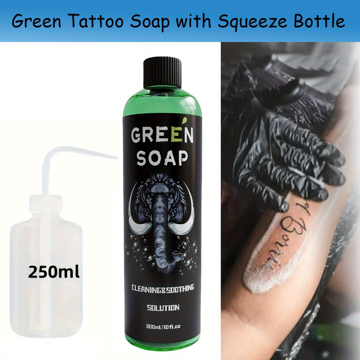 Tattoo Green Soap Cleansing Solution Kit – Professional Tattoo Wash Soap with Squeeze Bottle, Safe Moisturizing Foam for Tattoo Artists Skin