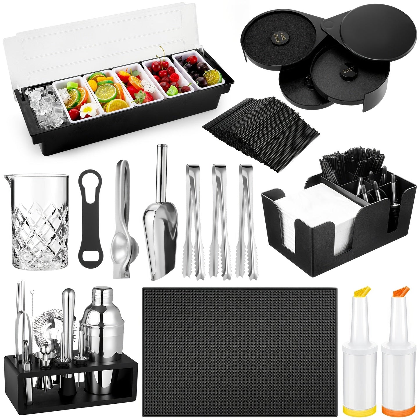 28-Piece Bartender Tool Set with Cocktail Shaker, Three-Tier Glass Rimmer, Garnish Tray and Organizers