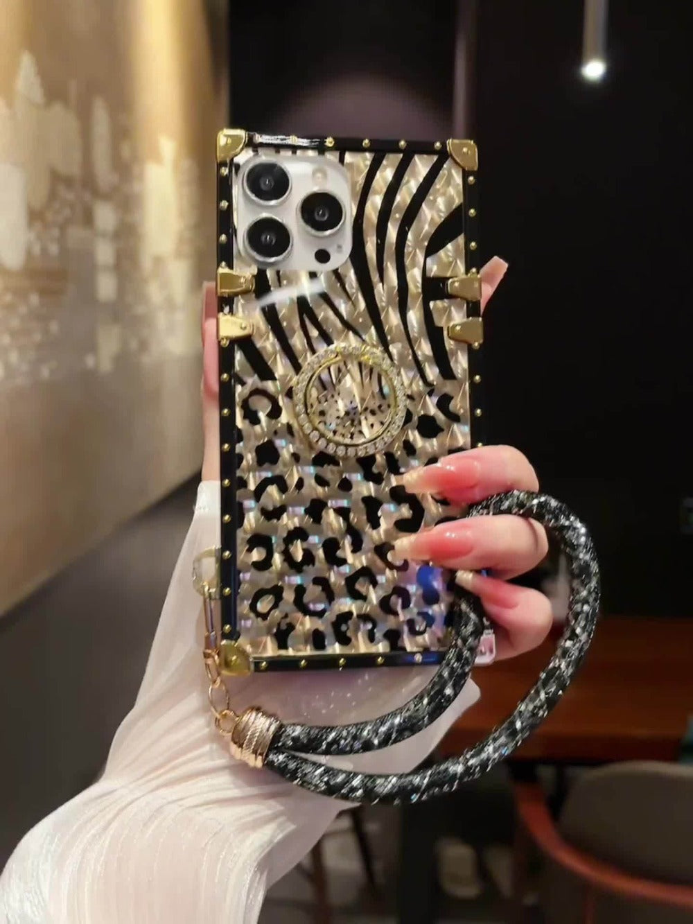 Phone Case Leopard Print Rectangular Cover with Ring Grip Kickstand for Select iPhone 12–16 Models