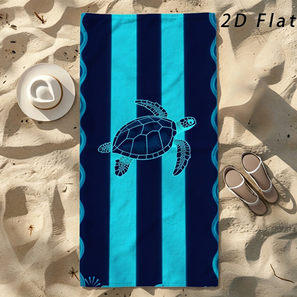Sea Turtle Beach Towel, Blue Striped Nautical Print, Microfiber, Stylized Wave Pattern, Ideal for Beach Trips