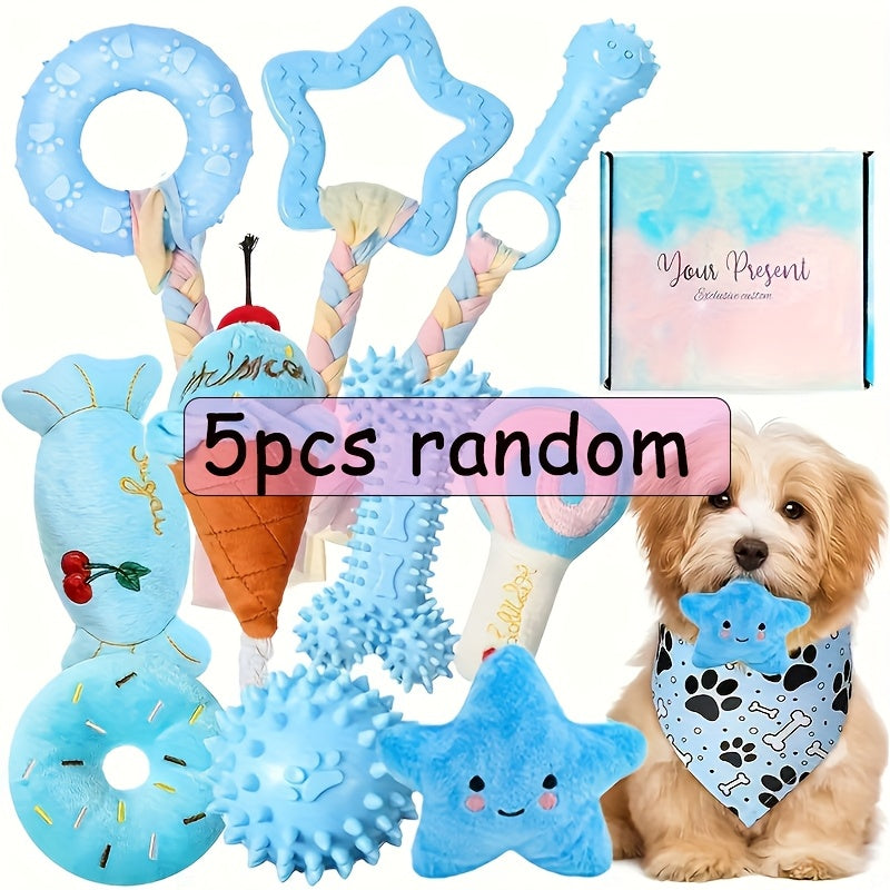 Puppy Chew Toy Set 5 Pieces – Non-Toxic Plush and Plastic Teeth Cleaning Toys for Small Dogs, Durable Teething Toy Bundle for Dental Health