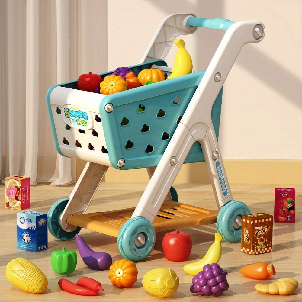 Kids Pretend Play Shopping Cart Toy Set with Realistic Food & Grocery Accessories, Supermarket Role Play for Toddlers Girls Boys Ages 3+