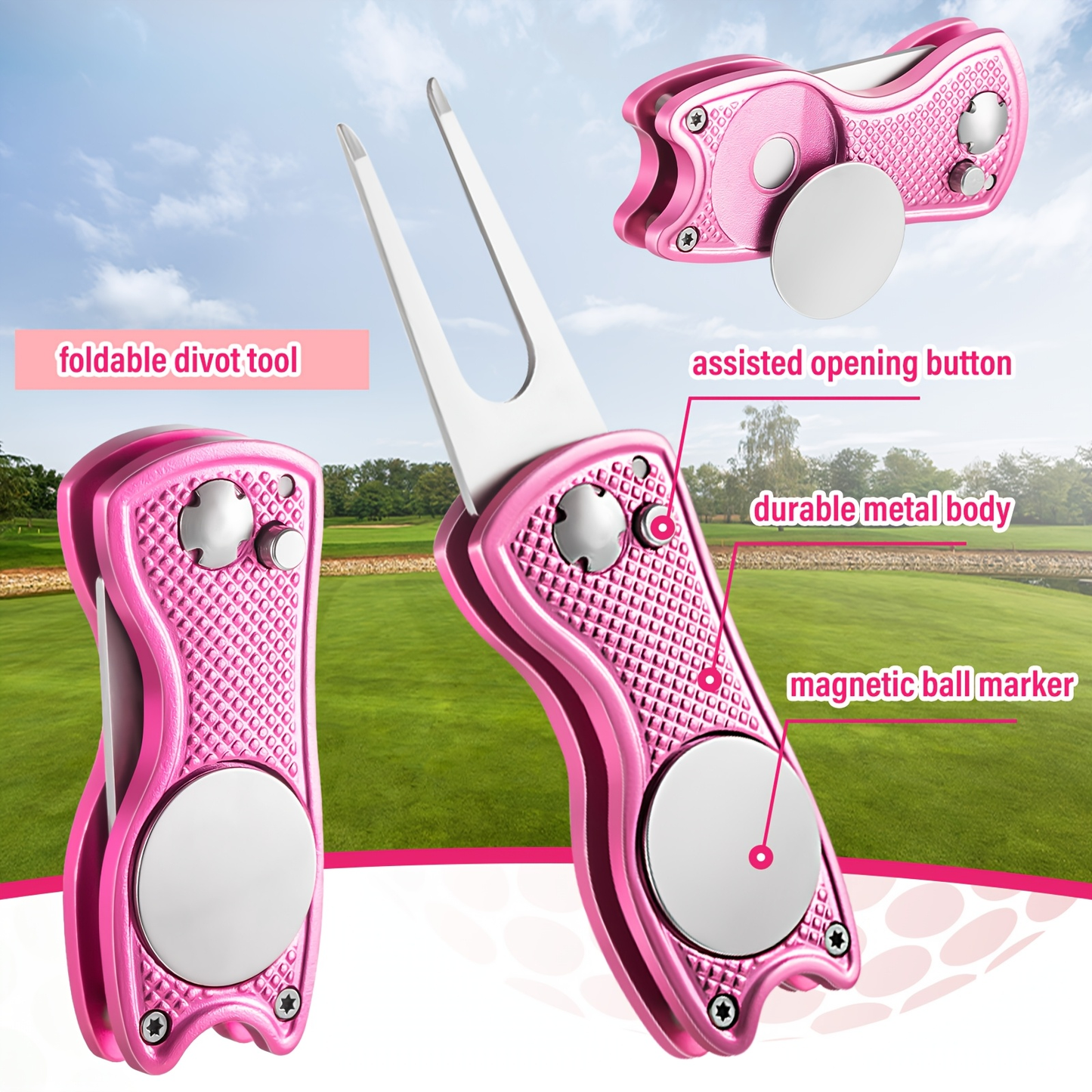 12-Piece Pink Golf Accessory Set with Towel, Eight Tees, Brush, Retractable Clip and Divot Tool with Ball Marker