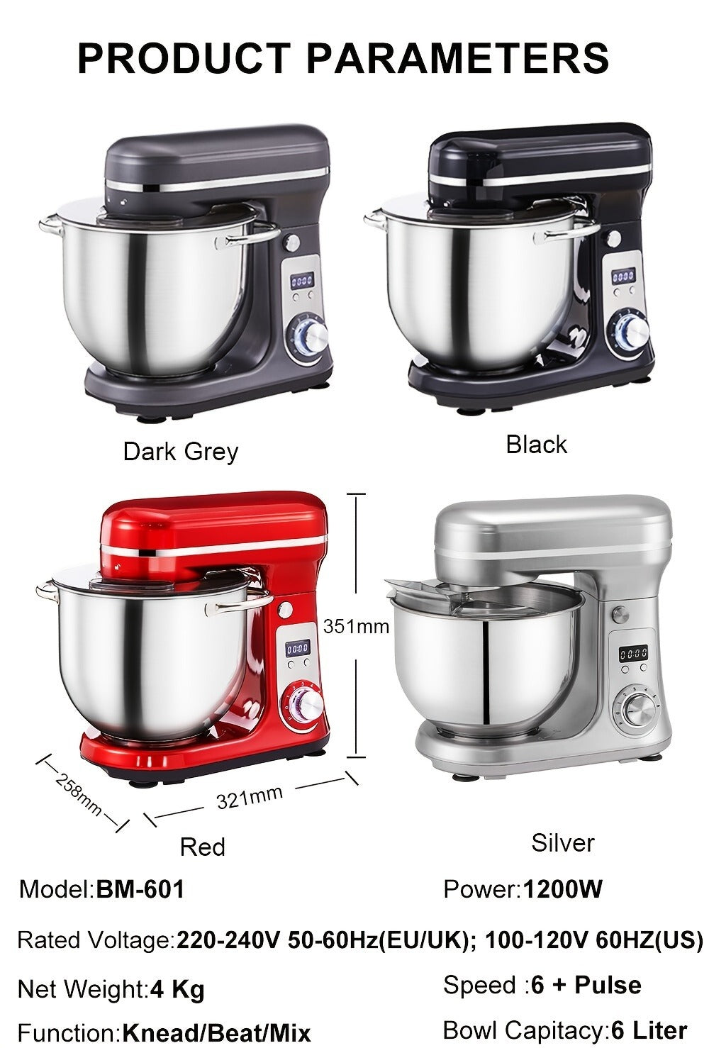 Stand Mixer 1200W 6L Stainless Steel Bowl - Kitchen Food Stand Mixer with Dough Hook, Whisk & Beater