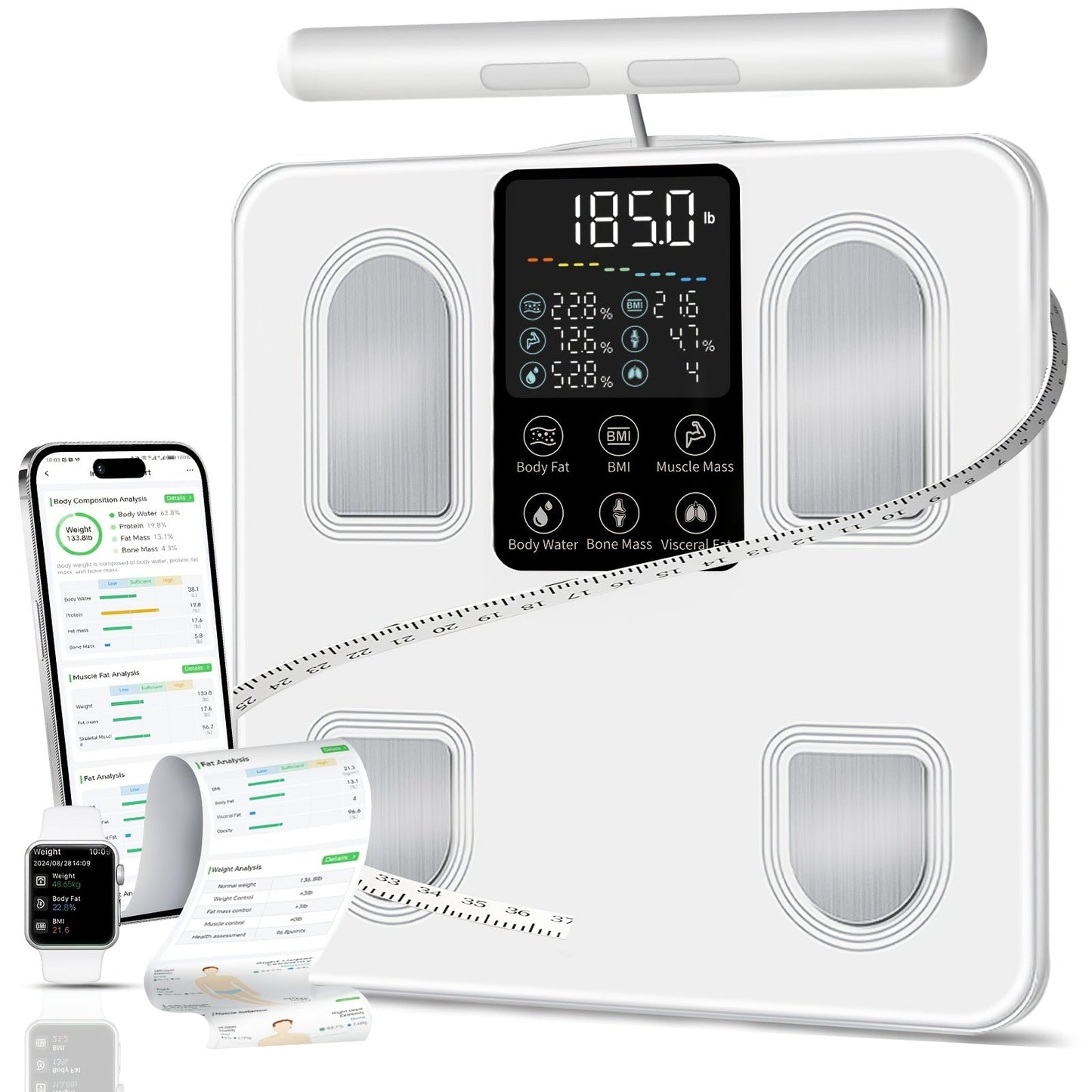 Smart Body Fat Scale with Handle, 8-Electrode Full Body Composition Analyzer, BMI Mass Monitor