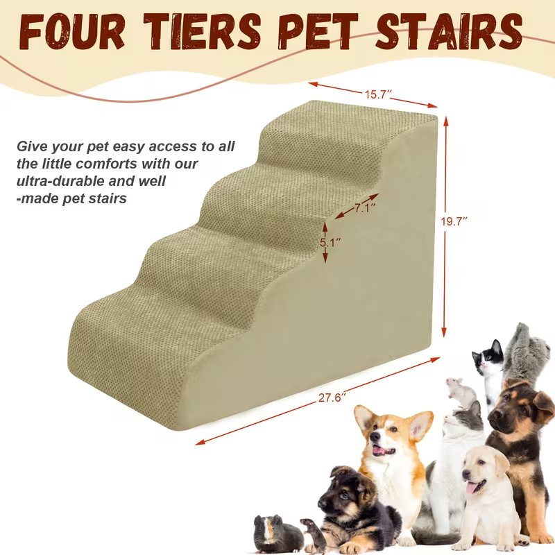 Dog Stairs for High Beds & Sofas – 2/3/4 Step Memory Foam Pet Steps with Non-Slip Bottom, Washable Cover & Textured Surface