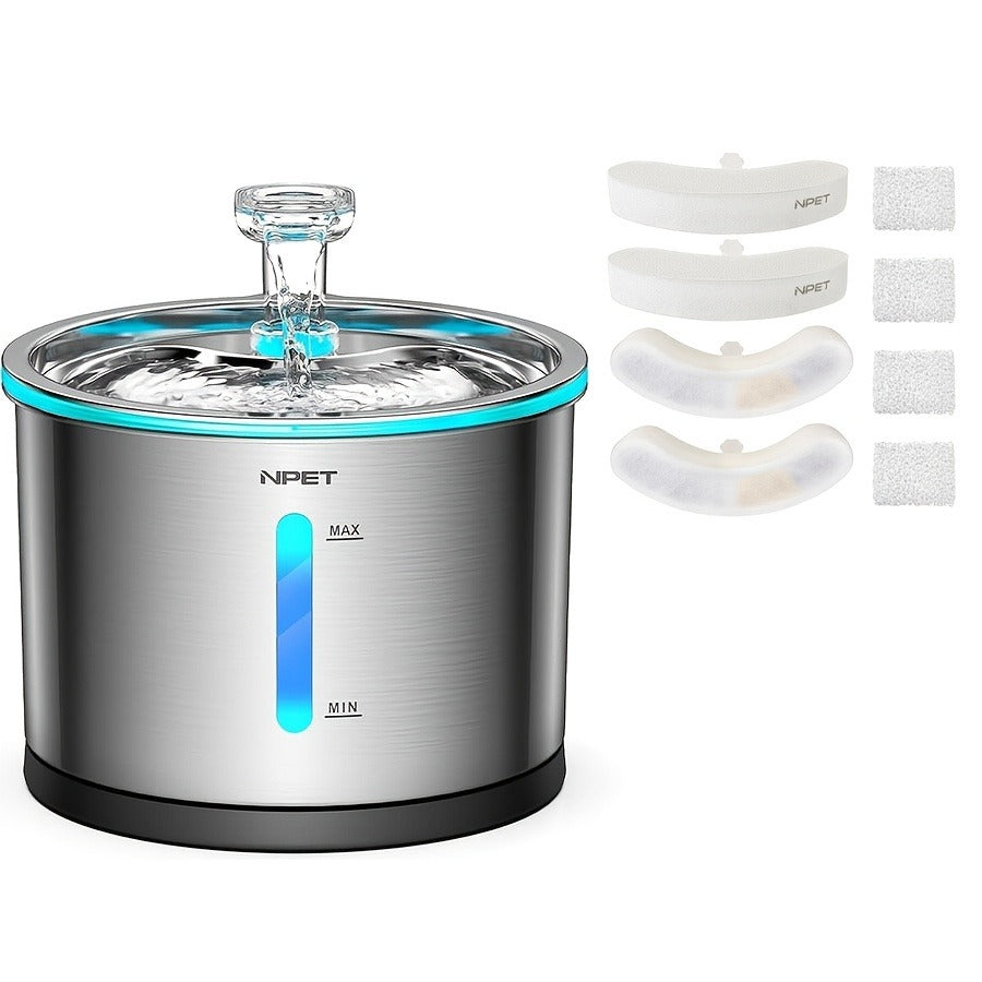 Cat Water Fountain Stainless Steel 50oz/1.5L – Ultra Quiet Auto Pet Water Dispenser with LED Light, Visible Window & Dishwasher Safe