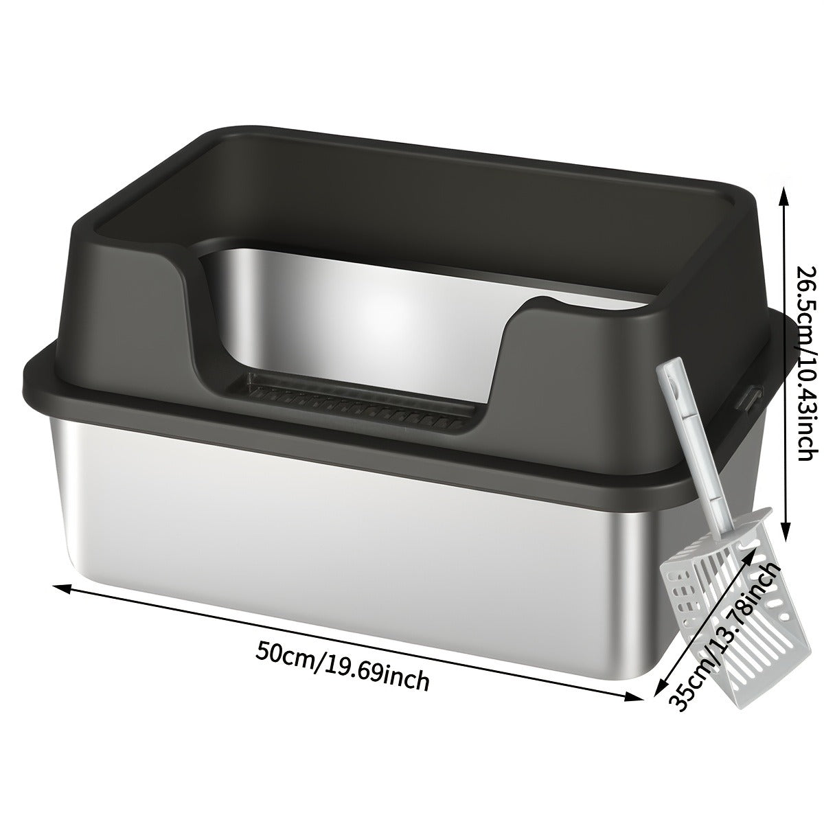 Stainless Steel Cat Litter Box with High-Wall Surround, Front Step, Scoop and 8.46- or 10.43-Inch Wall Options