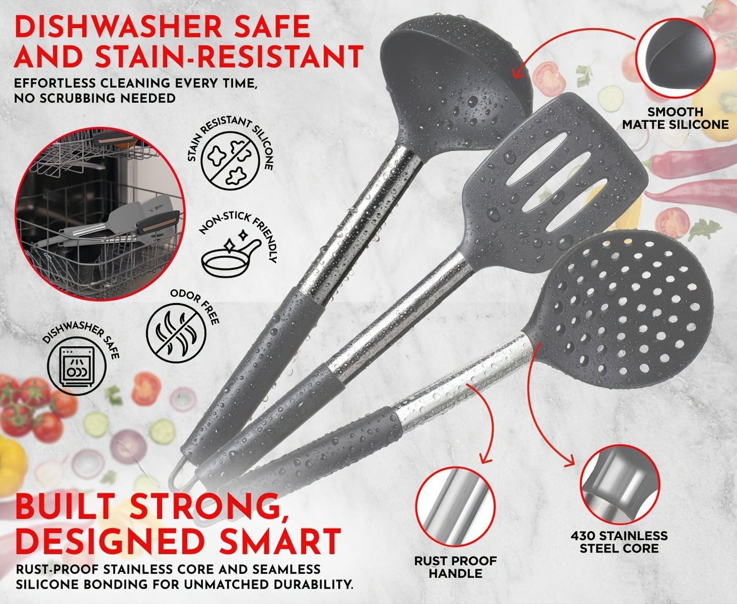 Silicone Kitchen Utensil Set with 25 Tools and Accessories, Holder and Grey, Black or Coffee Colors