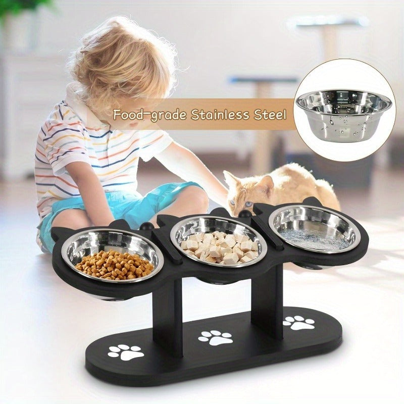 Elevated Cat Bowl Stand with Tilted Stainless Steel Bowls – Adjustable Raised Feeder, Anti-Spill, Black Wood Base for Cats & Small Dogs