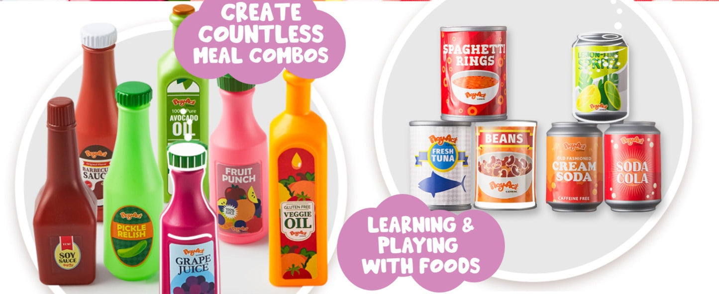 30 Pcs Play Food Grocery Cans Set - Pretend Kitchen Toy with Drinks, Juice, Snacks & Yogurt, Safe