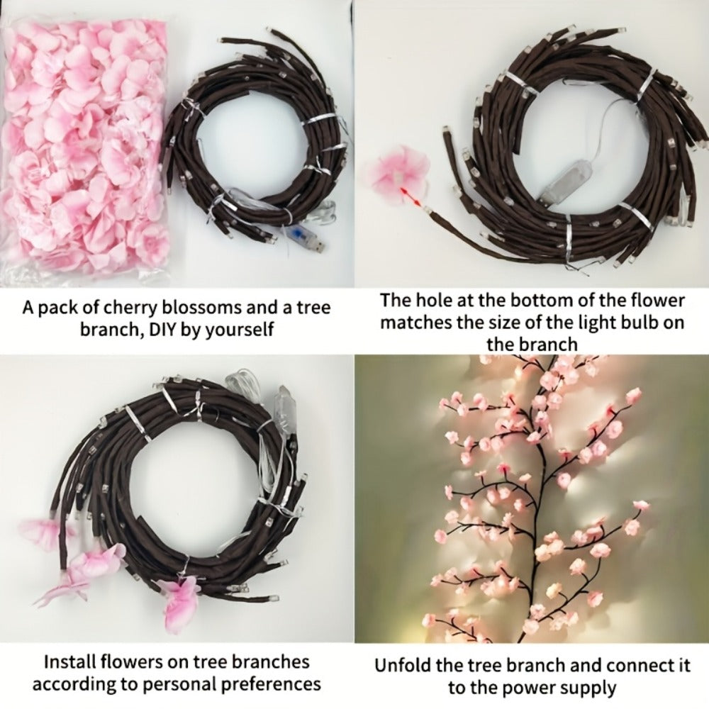 Cherry Blossom Tree Light 48 LED Artificial Flower Branch Lamp Bedroom Wall Decor Atmosphere for Entryways, Bedrooms and Living Spaces