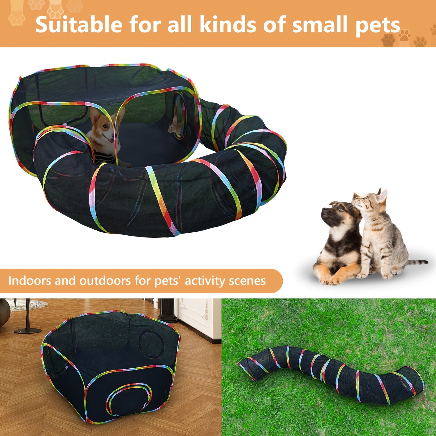 Outdoor Cat Enclosure with Tunnel – Rainbow Cat Playpen Tent with Circle Cat Tunnel for Cats Kittens & Small Animals