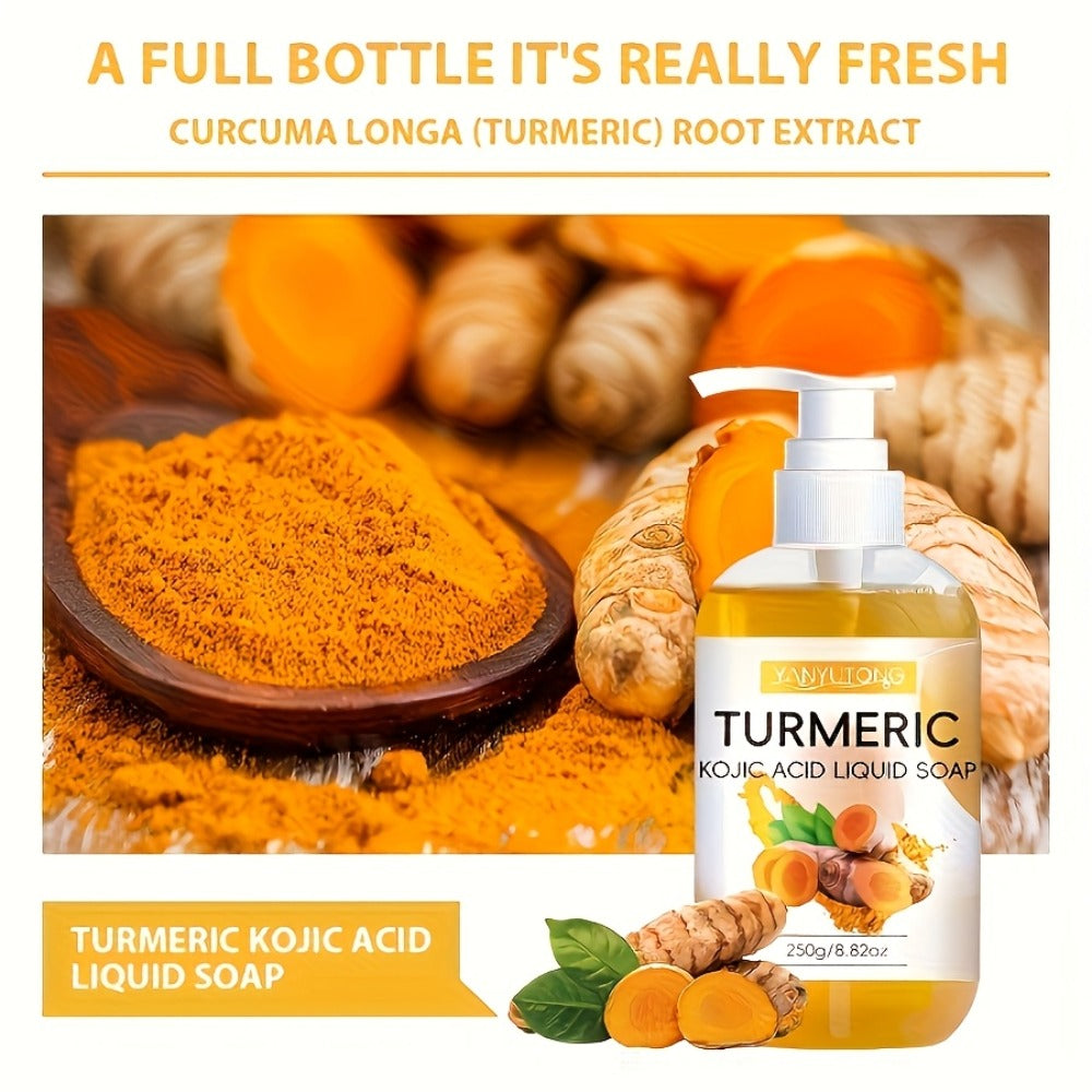 Turmeric Kojic Acid Liquid Soap 250g – Skin Brightening Body Wash for Dark Spots, Even Skin Tone, Deep Cleansing Rich Foam