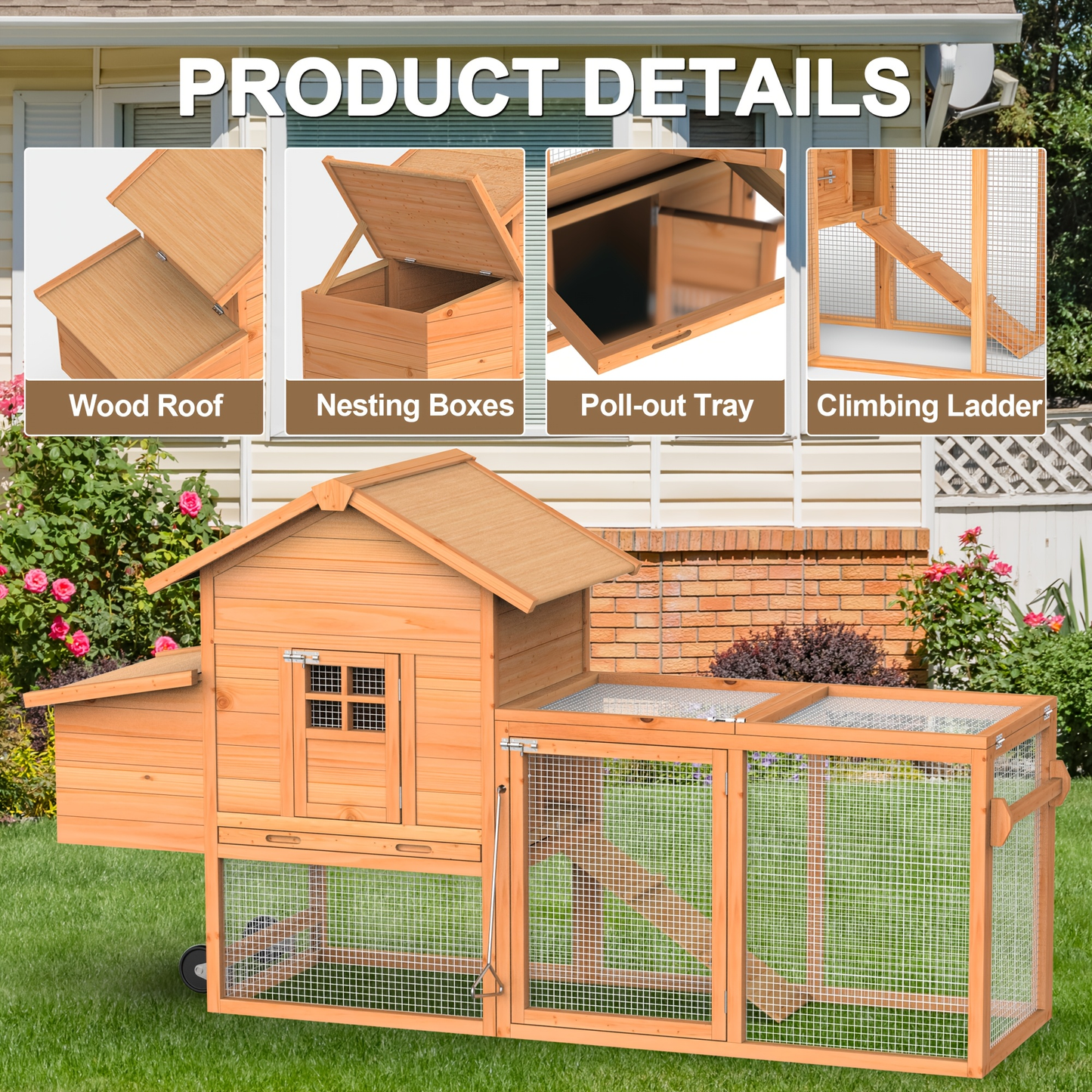 Portable Wooden Chicken Coop with Wheels, Nest Box and Wood Roof or Sunshine Board Run Option