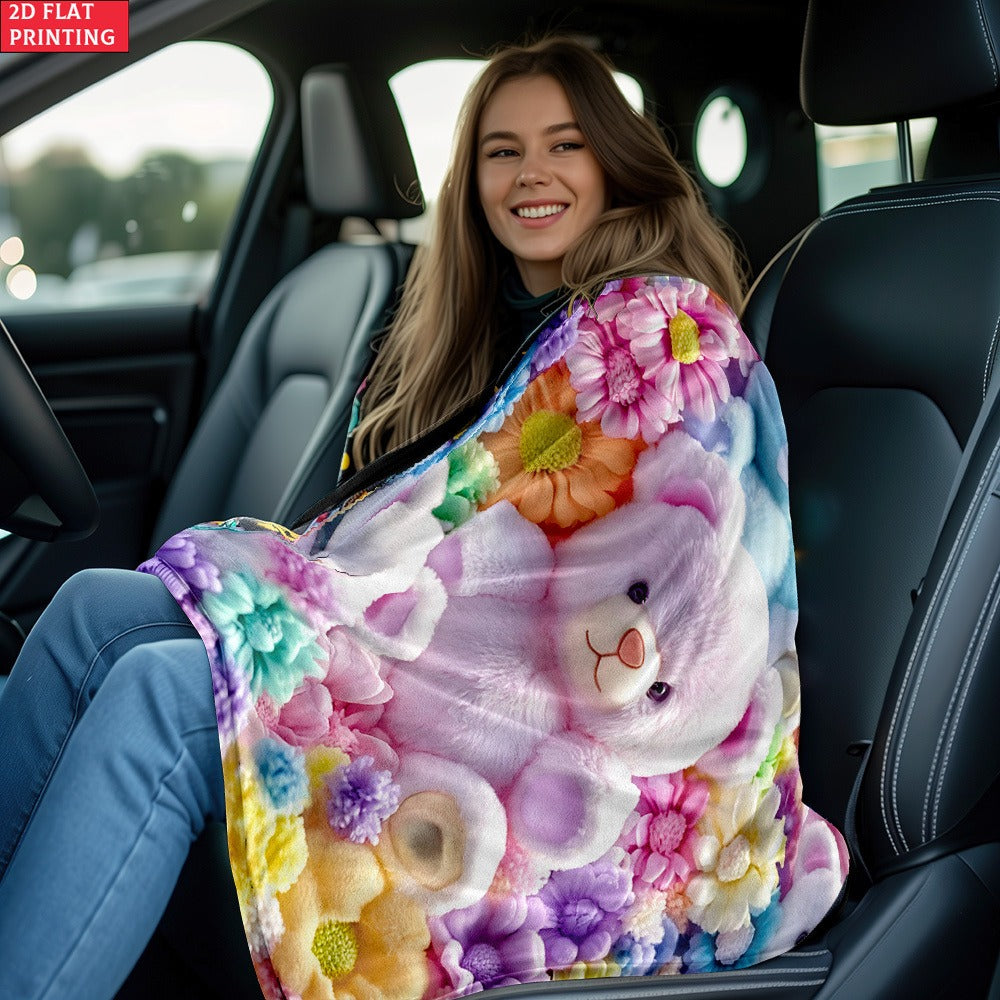 Teddy Bear Floral Blanket 2D Flat Print – Soft Lightweight Colorful Throw for Sofa Bed Travel Camping Office Living Room