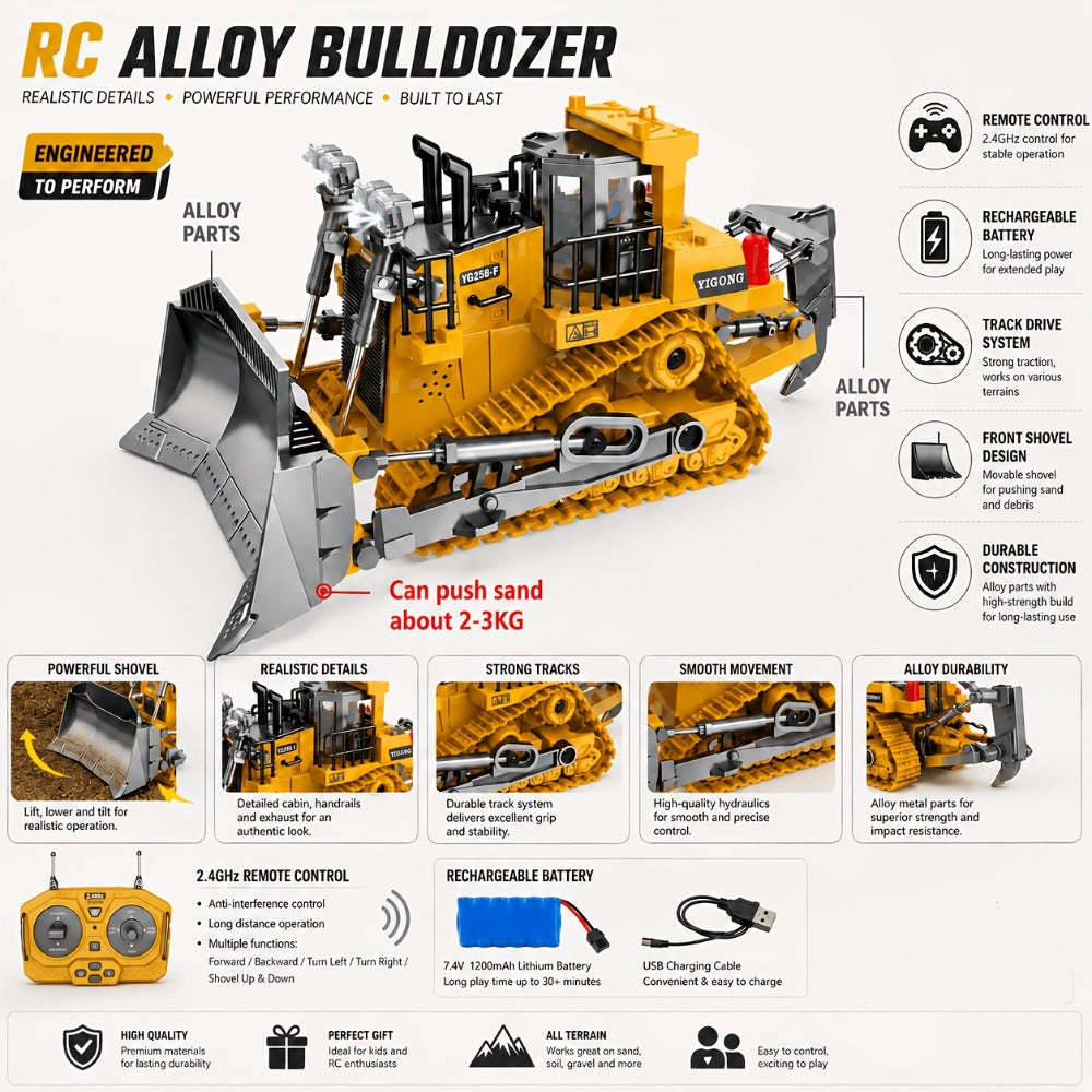 RC Bulldozer 9-Channel 2.4GHz Remote Control, Multifunctional Engineering Vehicle Toy with Alloy Metal Cover