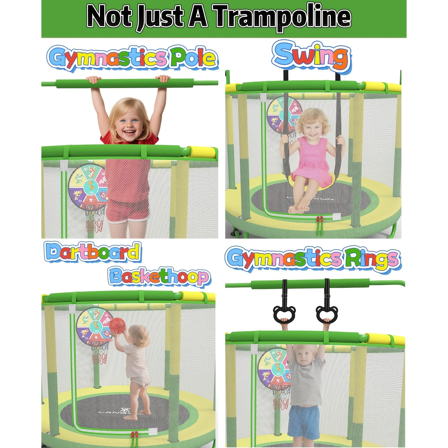 60 Inch Kids Trampoline 6-in-1 with Safety Net Enclosure, Basketball Hoop, Swing, Dart Board & Gymnastic Rings