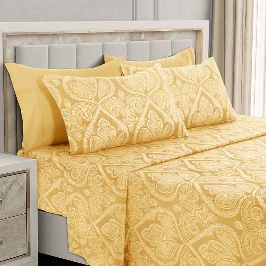 Bed Sheet Set 6-Piece Paisley Brushed Microfiber with 16-Inch Pocket and Six Size Families