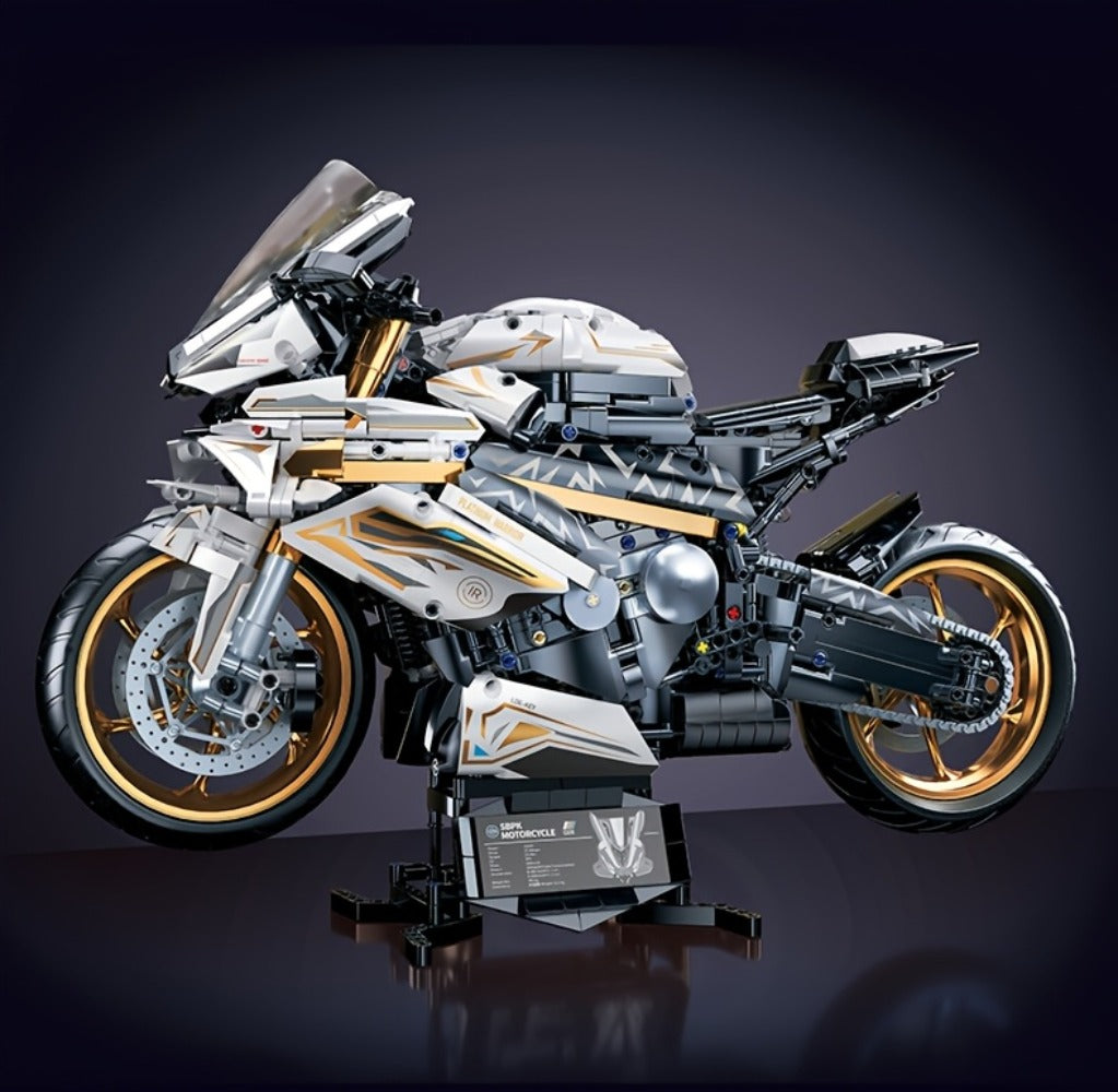 Motorcycle Building Blocks Model Kit 1:5 Scale 2000+ Pieces, Platinum Gold & White Collectible Brick Motorbike Display Set