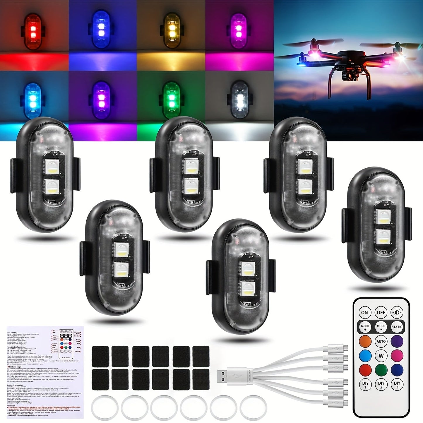Wireless LED Strobe Warning Lights 6-Pack 8 Colors USB Charging IP65 Waterproof Anti-Collision Safety Light for Car Interior Truck