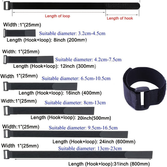 Adjustable Hook-and-Loop Cable Ties, 50 Black Straps with Buckles in 20 x 200 mm Size Pictured
