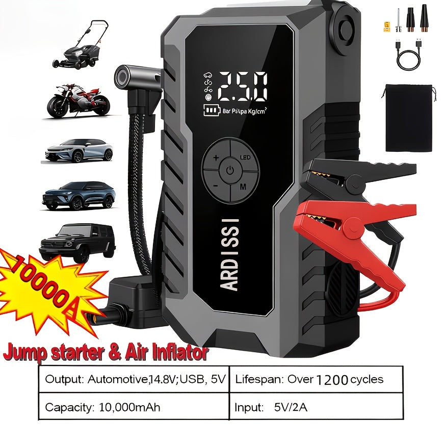 5-in-1 Jump Starter 5000A Peak – 10000mAh Power Bank, 150PSI Air Inflator, Type-C & LED Emergency Light for 12V Gas & Diesel Engines