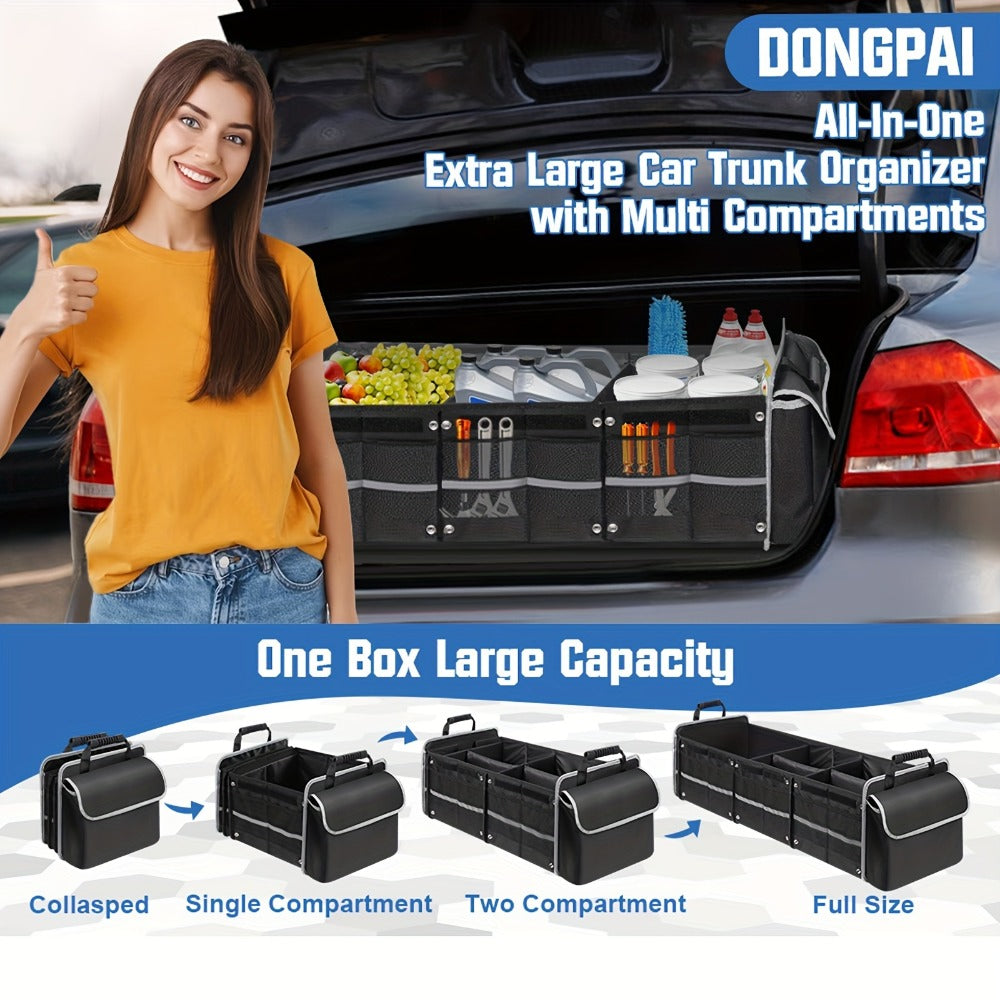 Collapsible Car Trunk Organizer with Three Compartments, Removable Dividers, Lid and Tie-Down Straps